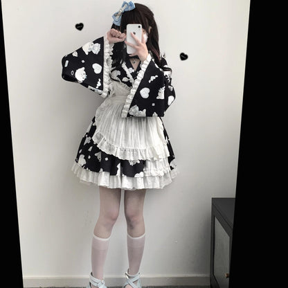 Tenshi Kaiwai Patchwork Skirt Kimono Top White Apron Three-Piece Set 36786:536842