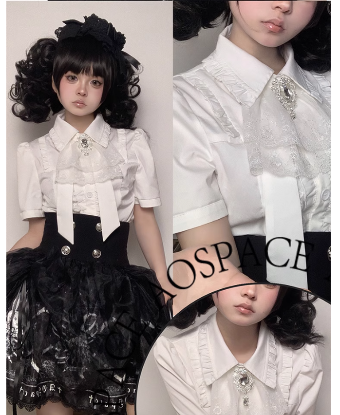 Gothic Blouse White Short-sleeved Shirt Versatile Top 37554:566568