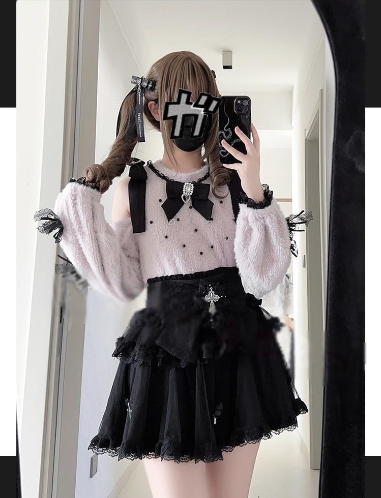 Jirai Kei Open Shoulder Plush Sweater, Tiered Skirt 44565:813002