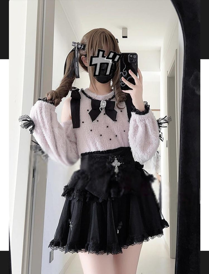 Jirai Kei Open Shoulder Plush Sweater, Tiered Skirt 44565:813002