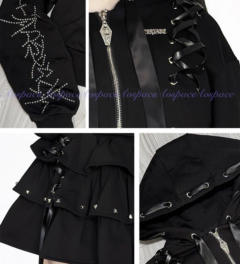 Subculture Skirt Outfit, Short Zipper Closure Hoodie 44484:816741