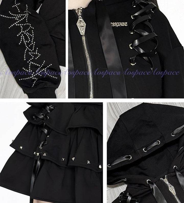 Subculture Skirt Outfit, Short Zipper Closure Hoodie 44484:816741