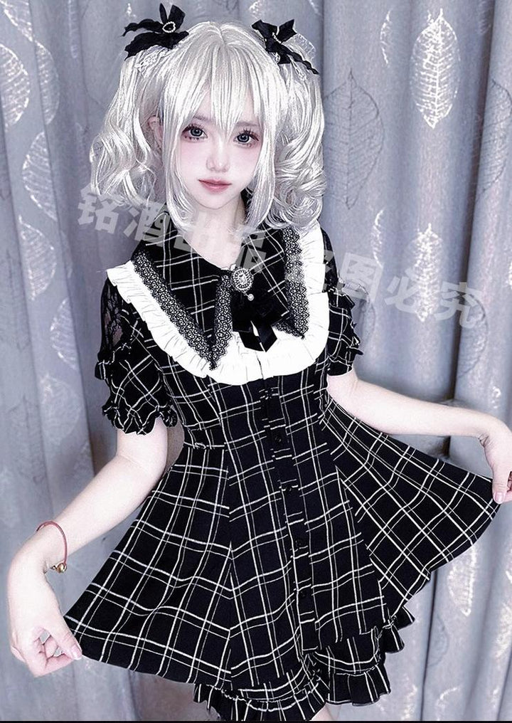 Jirai Kei Dress Set Black Plaid Dress With Puritan Collar 39506:635880