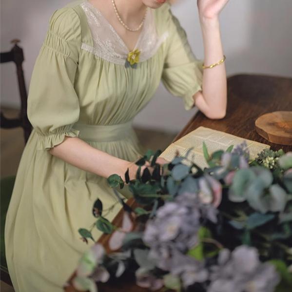 Mori Kei Dress Elegant Dress Matcha Green Lace Trim Dress 36344:547240