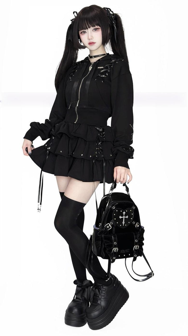 Subculture Skirt Outfit, Short Zipper Closure Hoodie 44484:816744