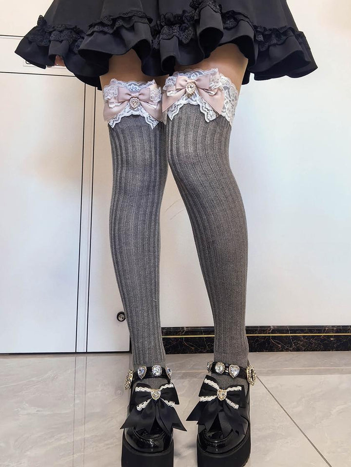 Jirai Kei Over-the-Knee Knit Socks, Bow & Lace 46069:875523