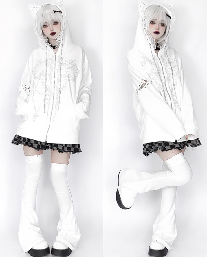 Jirai Kei Coat Zipper Hoodie Cat Ear Hooded Jacket 39668:636366