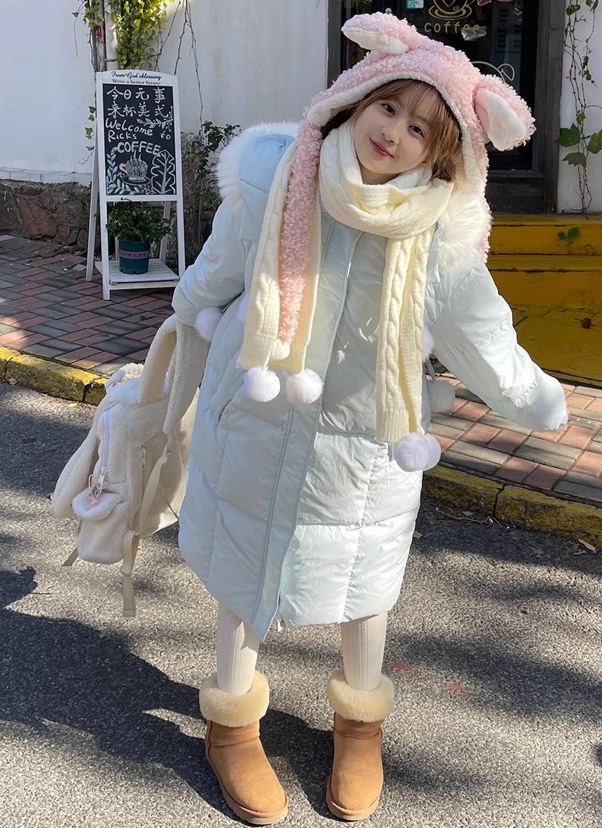 Kawaii Winter Coat Rabbit Ear Hooded Long Down Jacket 40340:665652