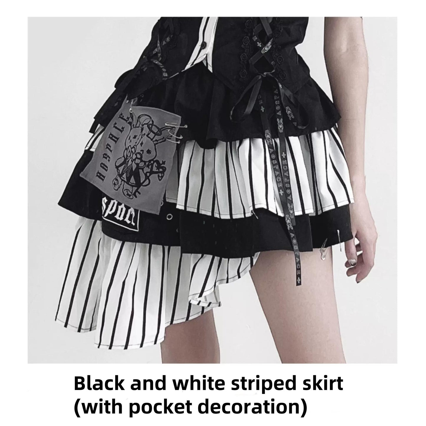 Jirai Kei Off-shoulder Striped Shirt And Ruffled Hem Skirt (L M S) 37558:564428