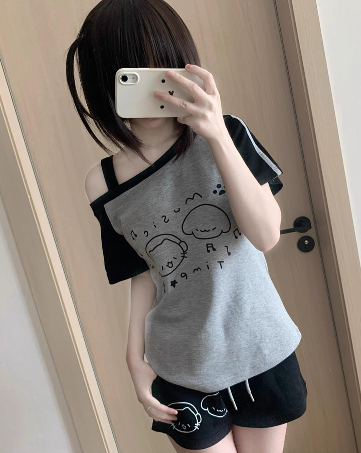 Kawaii Summer Music Time Printed Top & Shorts With Pockets (L M S) 42904:760911