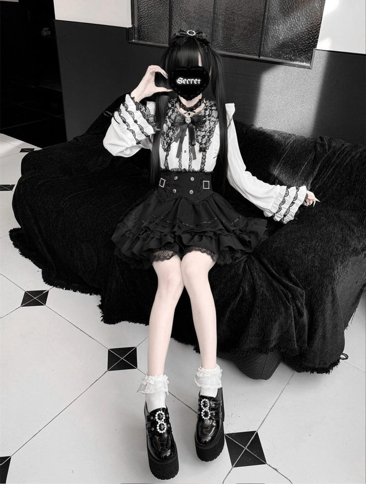 High-Waisted Jirai Kei Skirt, Lace Hem 44810:822755