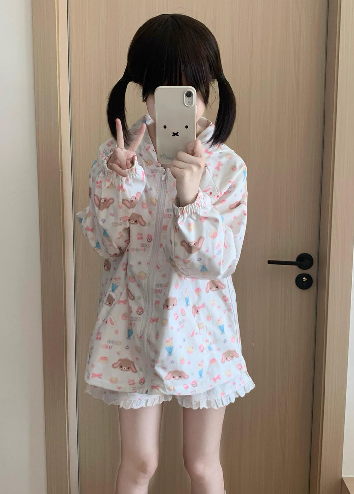 Kawaii Bunny Ears Jacket Set With Strawberry Bunny Prints 42900:760373