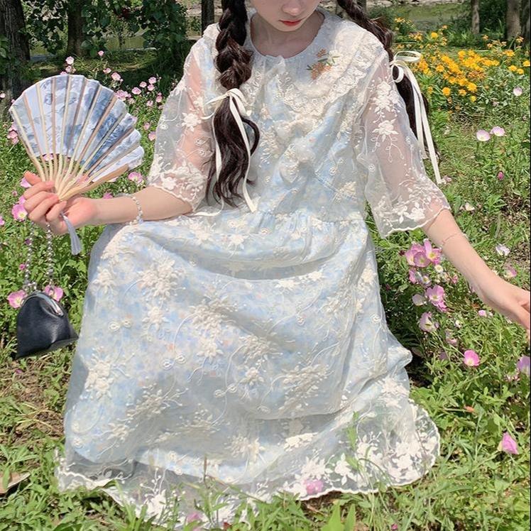 Kawaii Mori Kei Dress Blue Floral Sweet Dress 36206:523616