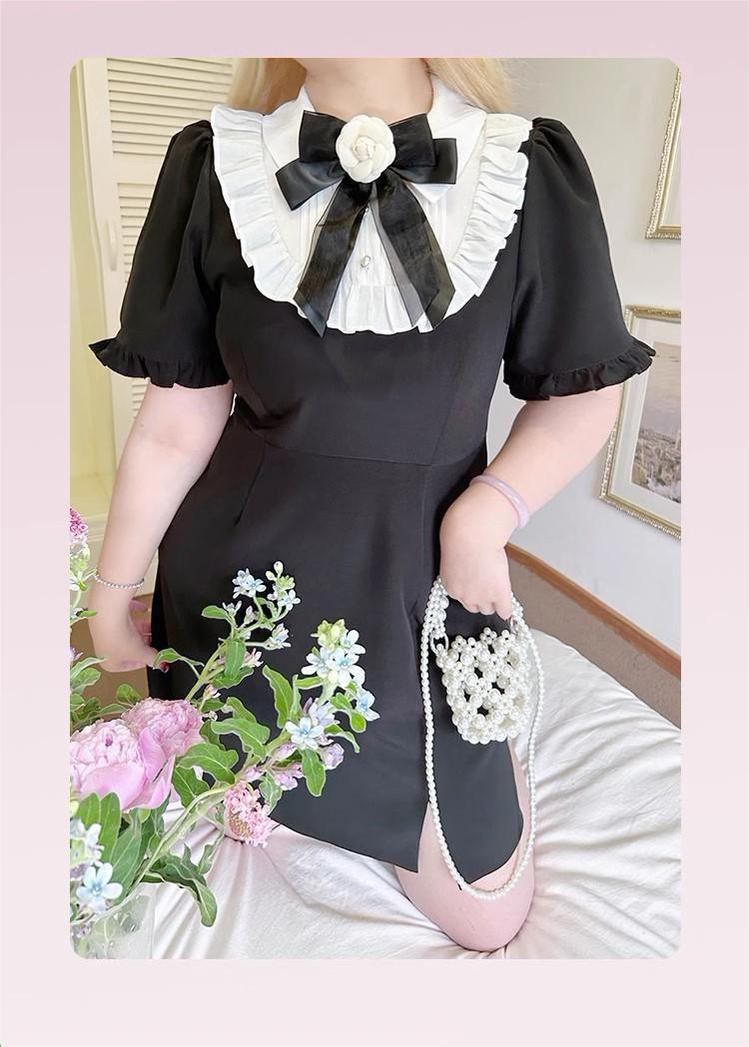 Plus Size Black Dress With Bow Tie And Rose 22060:323950