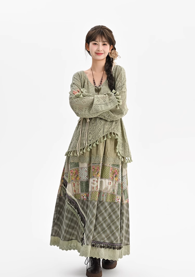 Mori Kei Outfit Set Cottagecore Top Bohemian Skirt Set 39266:632262