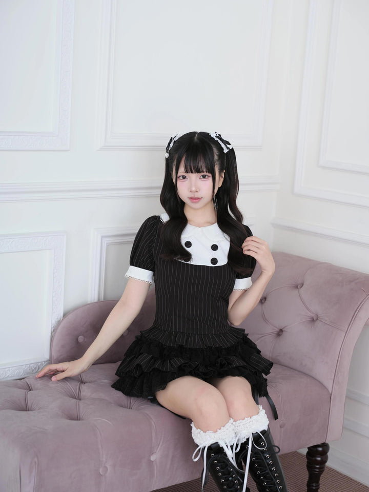Jirai Kei Black Striped Top, Tiered Skort with Bows 45801:864166
