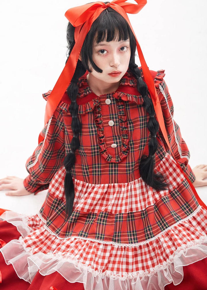 Sweet Lolita Dress Kawaii Dress Retro Dress Red Plaid Dress 36148:542884 36148:542884