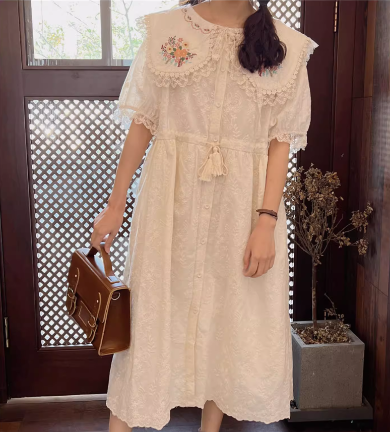 Mori Kei Dress Cottagecore Dress Short Sleeve Dress 36212:524342