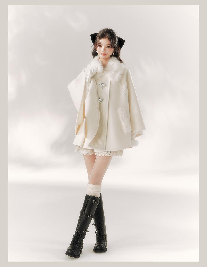 Jirai Kei Cape Woolen Coat Winter Fur Collar Coat 41062:685612