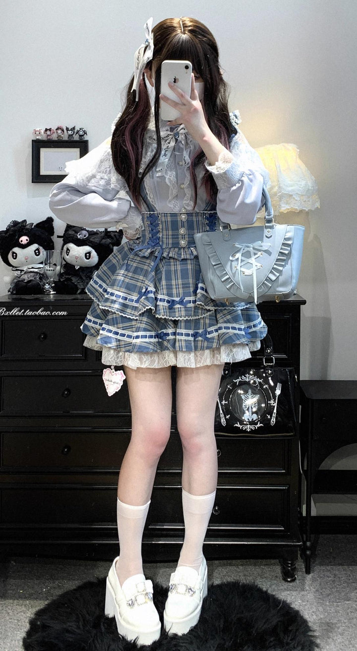 Plaid Jirai Kei Skirt, Detachable Suspenders 43735:784071