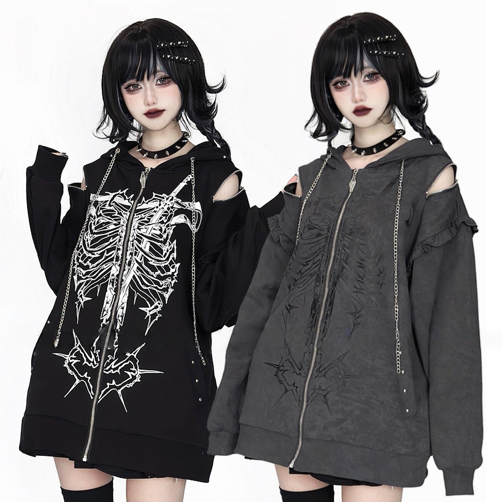 トップス SUBCULTURE HOODIE 2 Subculture Ribcage Printed Zipper Hoodie, Open Shoulder – Honey