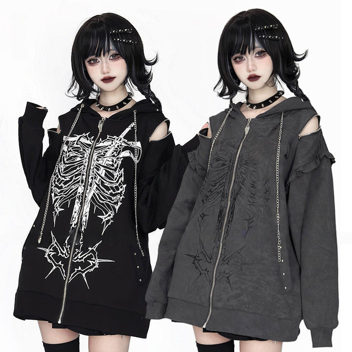 Subculture Ribcage Printed Short Coat, Zipper Shoulder 44482:811064
