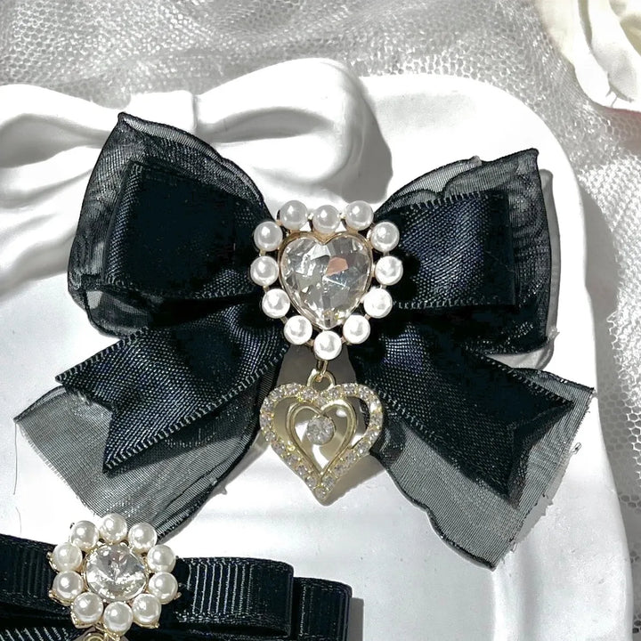 Jirai Kei Bow Hair Clips Set, Rhinestone & Pearl Accent 45776:866478