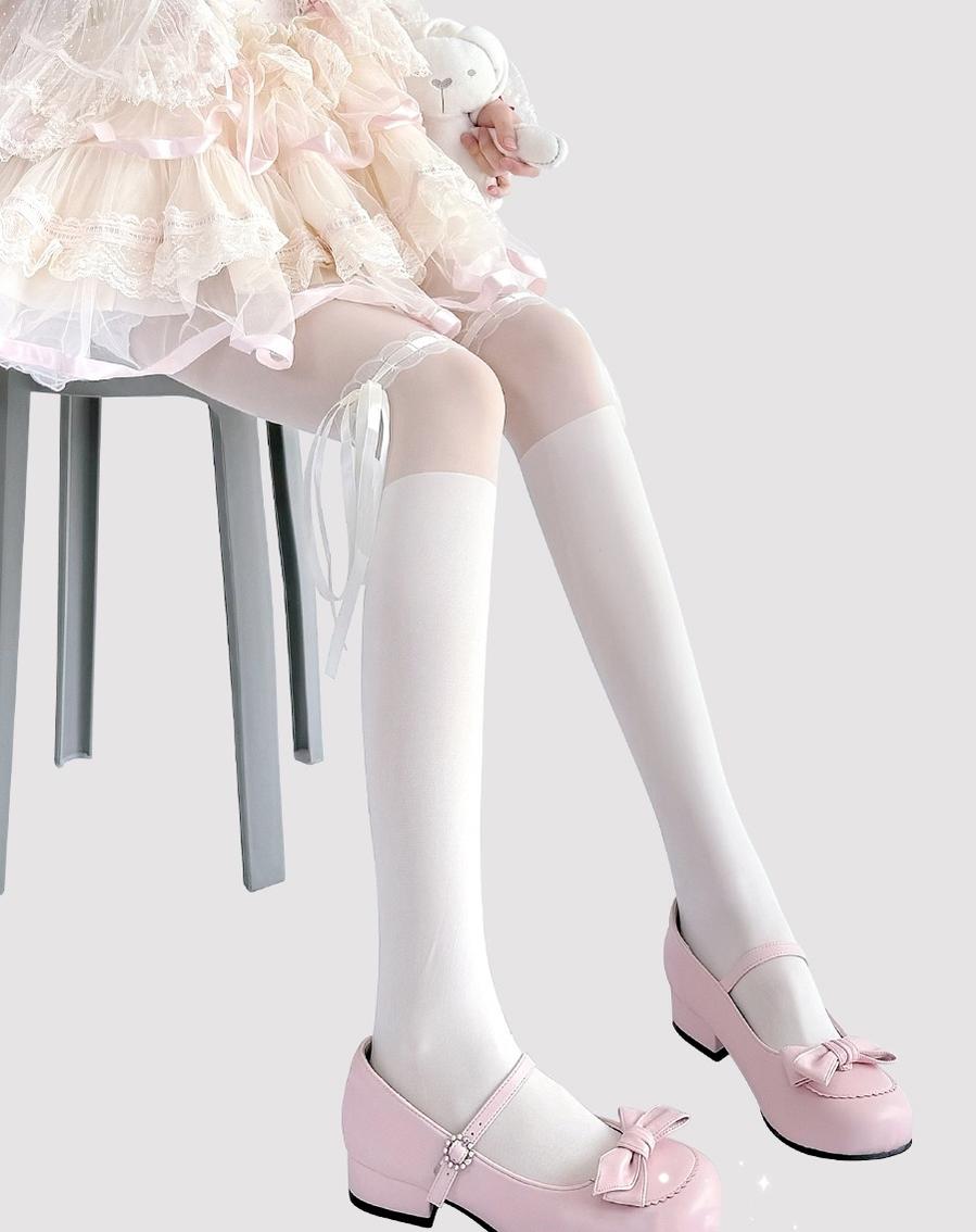 Lolita Socks Thin Lace Splice Thigh-high Socks White Black Silk 36622:526524 36622:526524