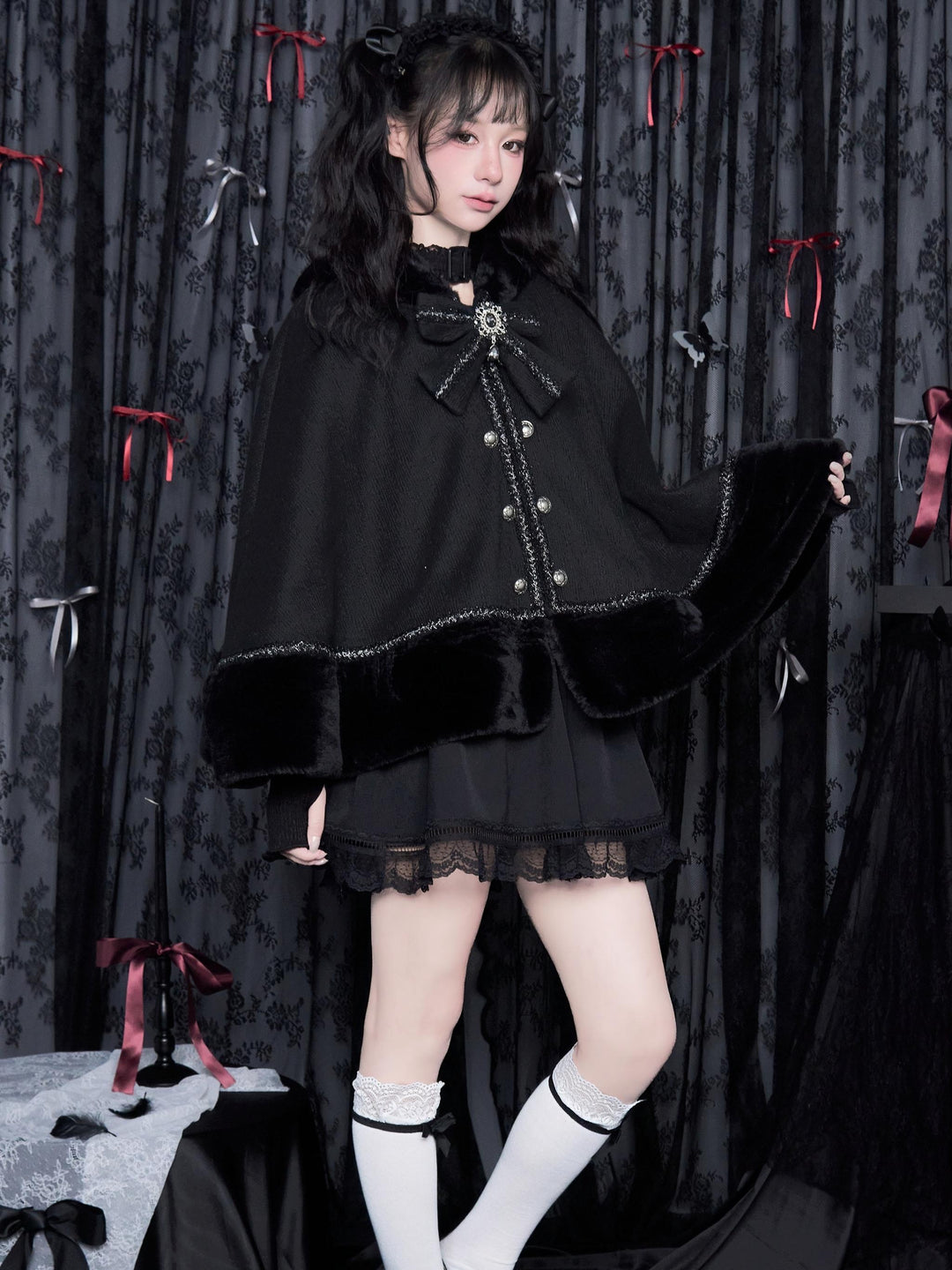 Jirai Kei Cloak Hood Cape Winter Coat Plush Hem 40394:669548