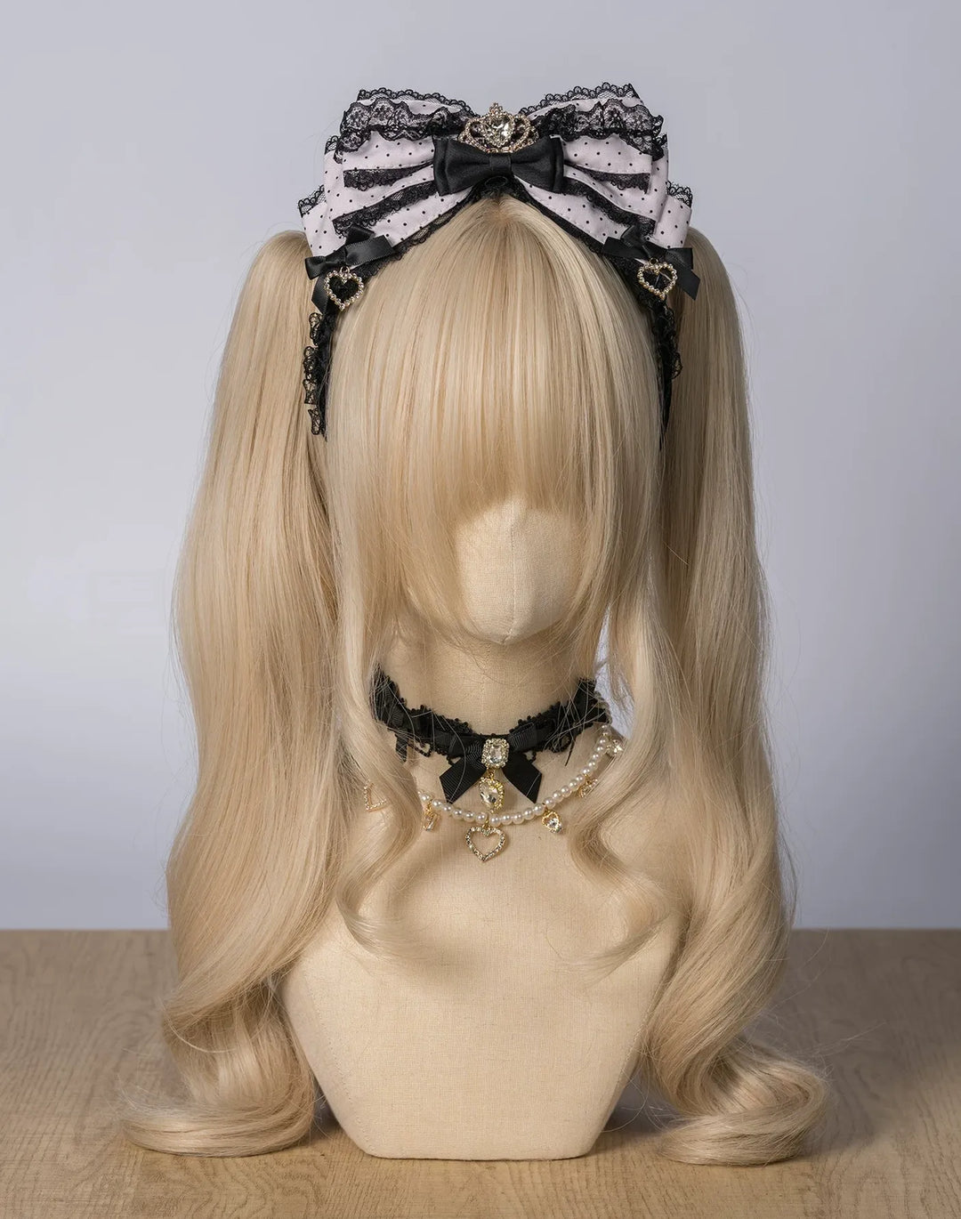 Jirai Kei Layered Bow Lace Headband, Crown & Heart Rhinestone 45960:870866