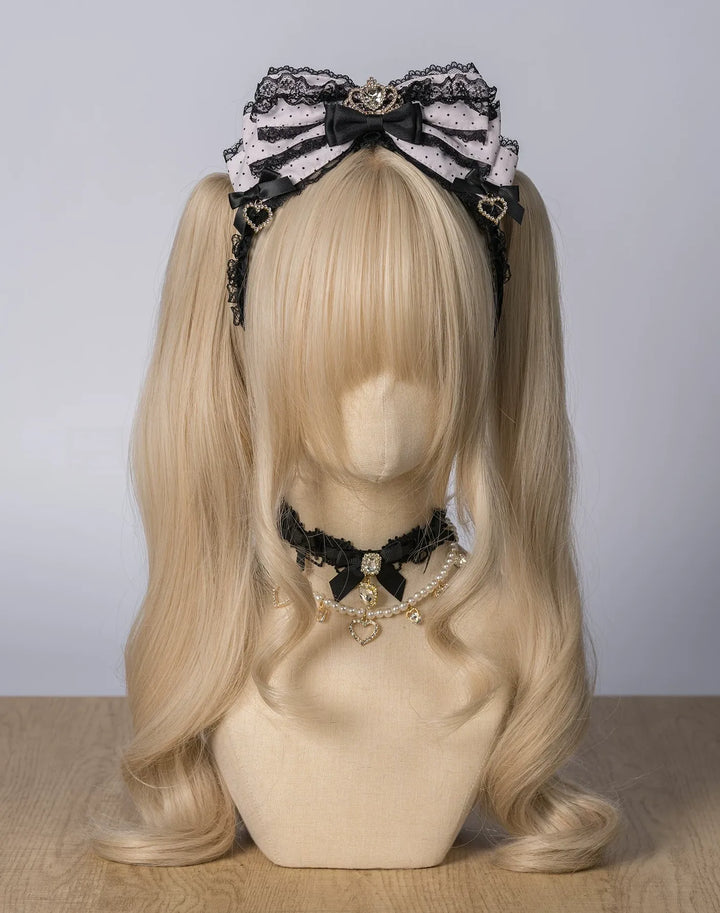Jirai Kei Layered Bow Lace Headband, Crown & Heart Rhinestone 45960:870866