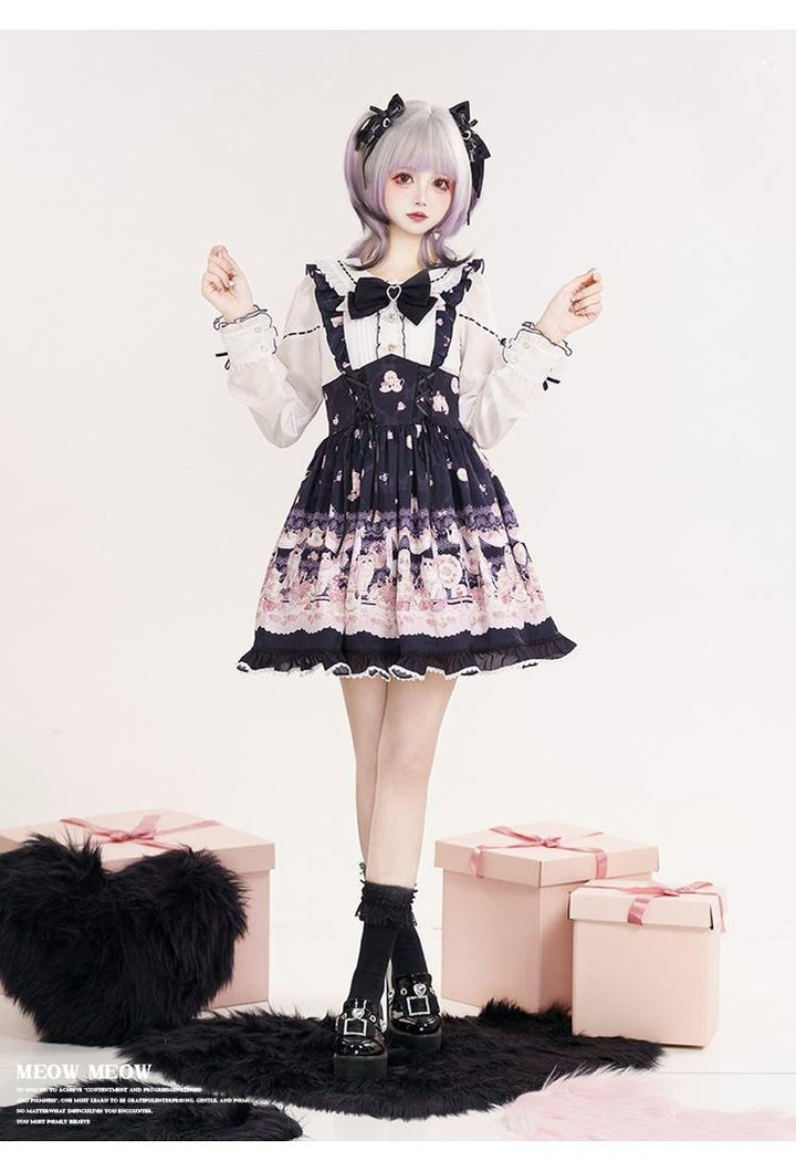 Kawaii Ryousangata Dress Long-sleeved Cat Printed OP Dress 40560:665172