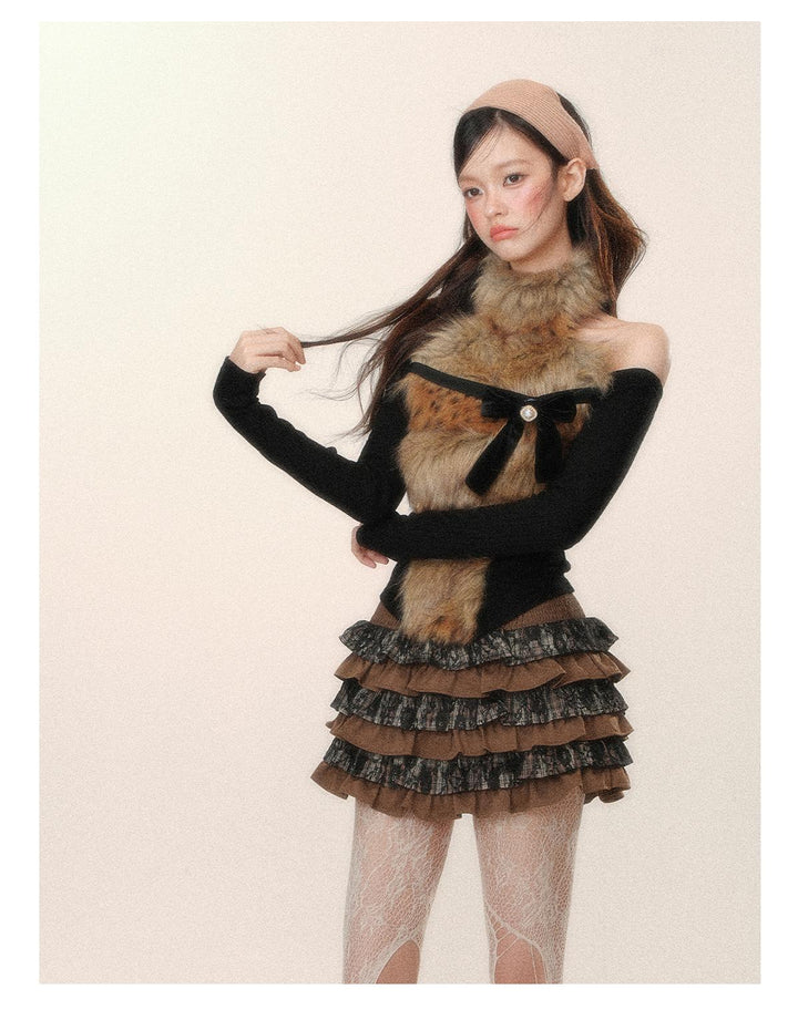 Gyaru Sweater Black-Brown Sexy Leopard Off-Shoulder Knit Top 41794:719416