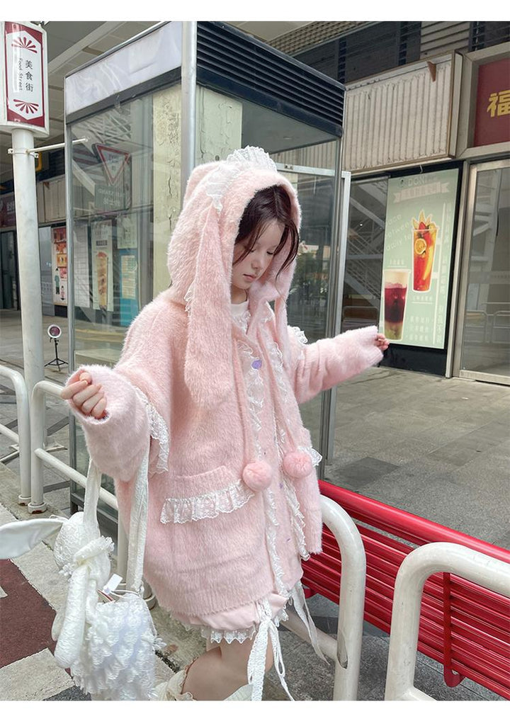 Kawaii Coat Sweater Bunny Ear Lace Knitted Hooded Cardigan 40338:665280