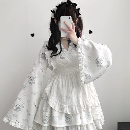 Tenshi Kaiwai Patchwork Skirt Kimono Top White Apron Three-Piece Set 36786:536716