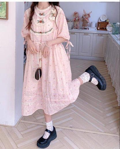 Mori Kei Dress Pink Floral Dress Short Sleeve Dress 36208:523736