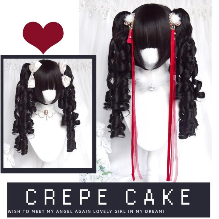 Black Jirai Kei Wig Set Lolita Roman Curly Double Ponytail 42183:732995