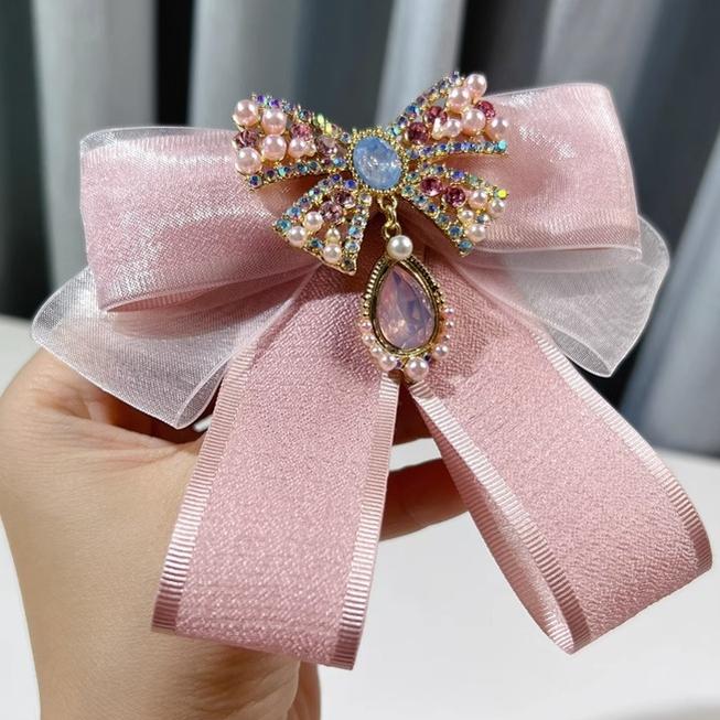 Kawaii Fashion Pink Bow Tie Rhinestone Brooch 21852:320442 21852:320442