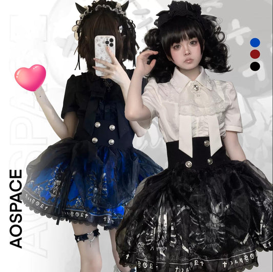 Black Lolita Skirt High-Waisted Print Skirt With Lace Trim 37562:563888