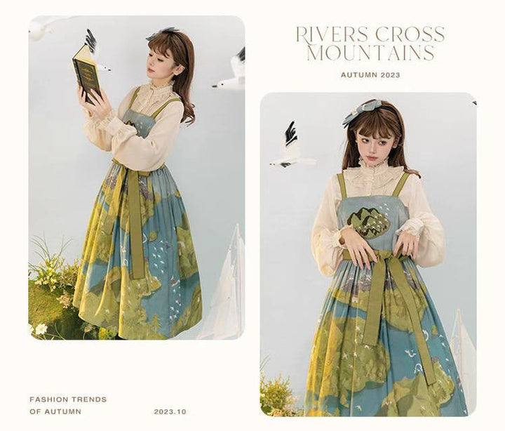 Lolita Dress Rivers Cross Mountains Print Lolita Dress Set 39412:627184