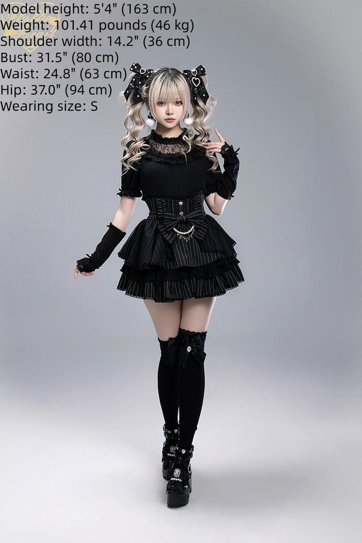 Striped High Waist Jirai Kei Skirt, Detachable Bow 43679:785995
