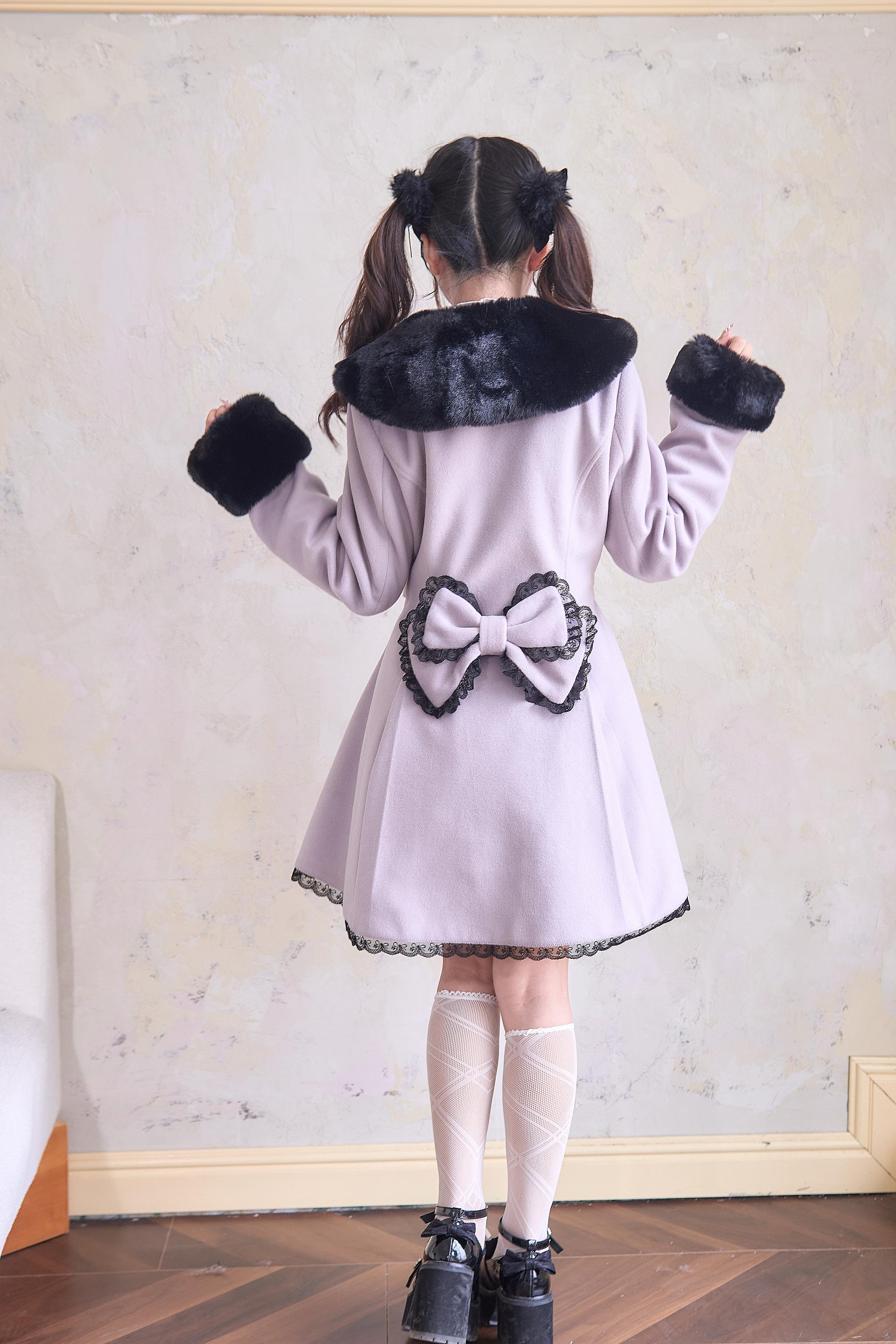 Jirai Kei Winter Coat Fur Collar Lace Coat With Bows – Honey Wardrobe