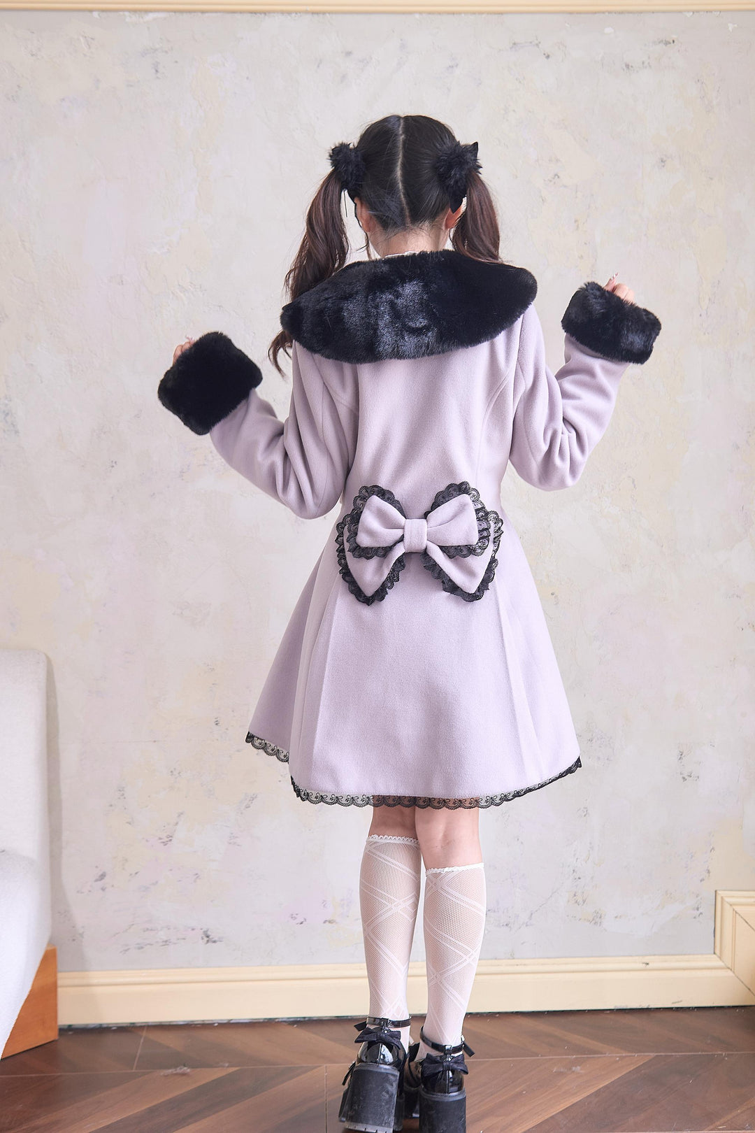 Jirai Kei Winter Coat Fur Collar Lace Coat With Bows 41410:698158