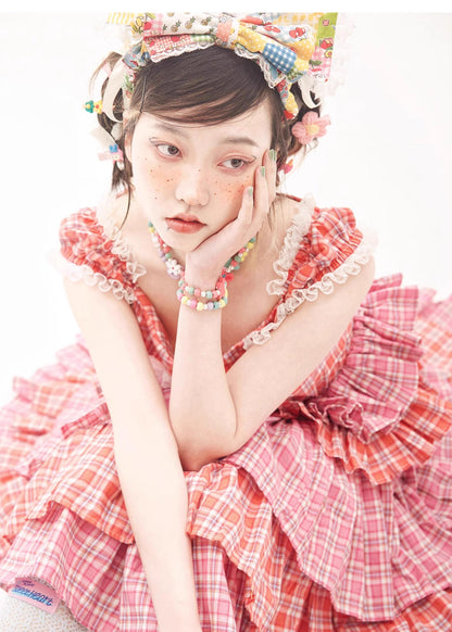 Sweet Lolita Dress Pink Plaid Dress Kawaii Layered Dress 36166:543398