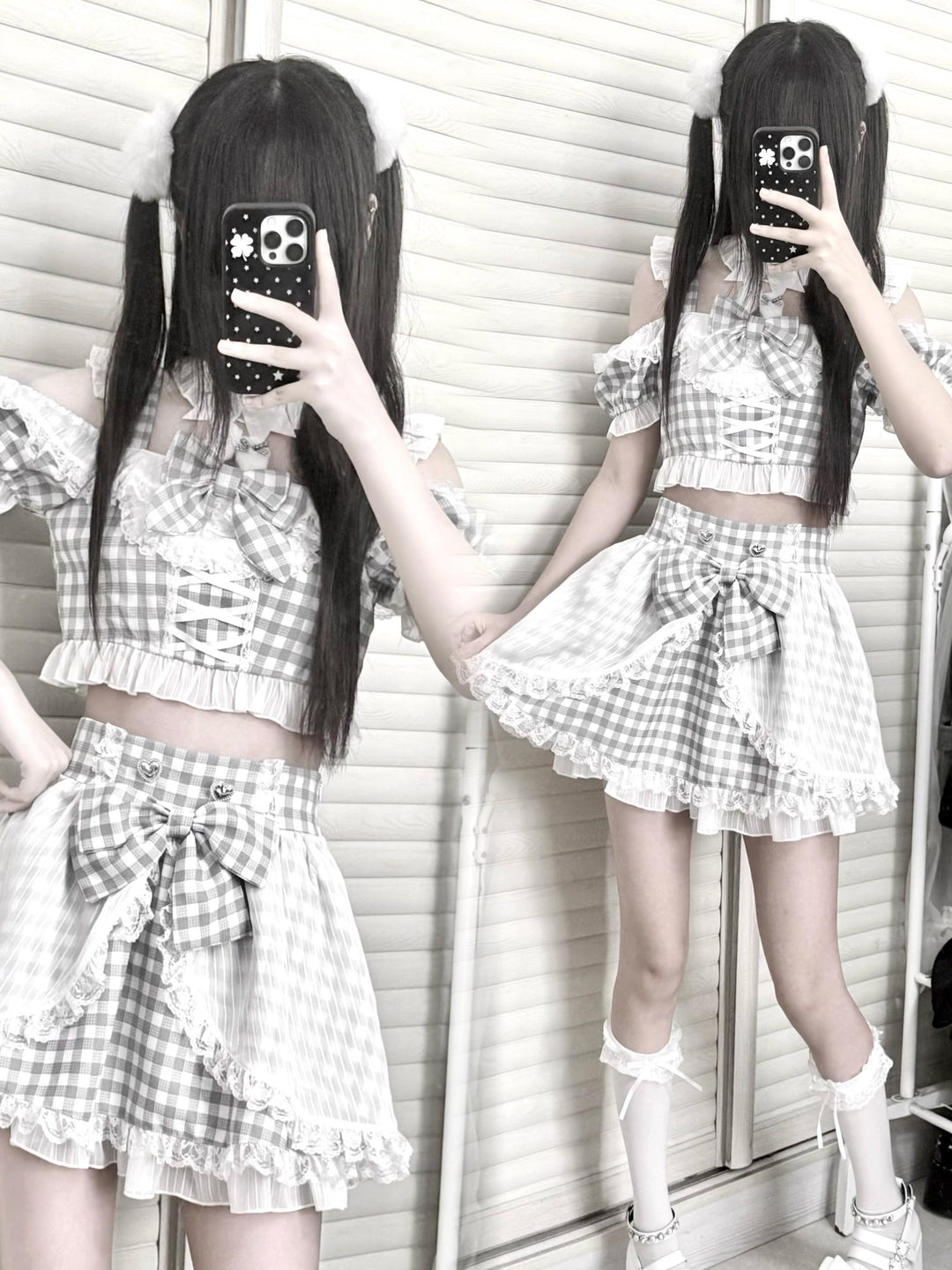 Plaid Stage Jirai Kei Outfit, Furry Bunny Ear Blouse, Skirt 43614:780925
