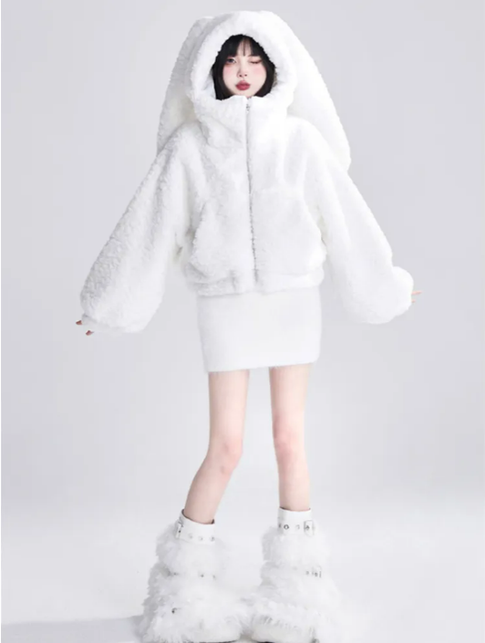 Jirai Kei Coat Black Plush Hooded Winter Coat Bunny Ear Coat (L M XL) 32396:384688