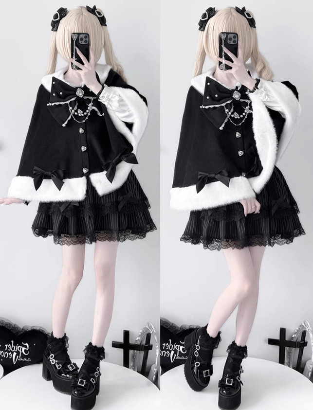 Jirai Kei Cape Plush Coat With Rhinestone Bow Knot 42149:731003