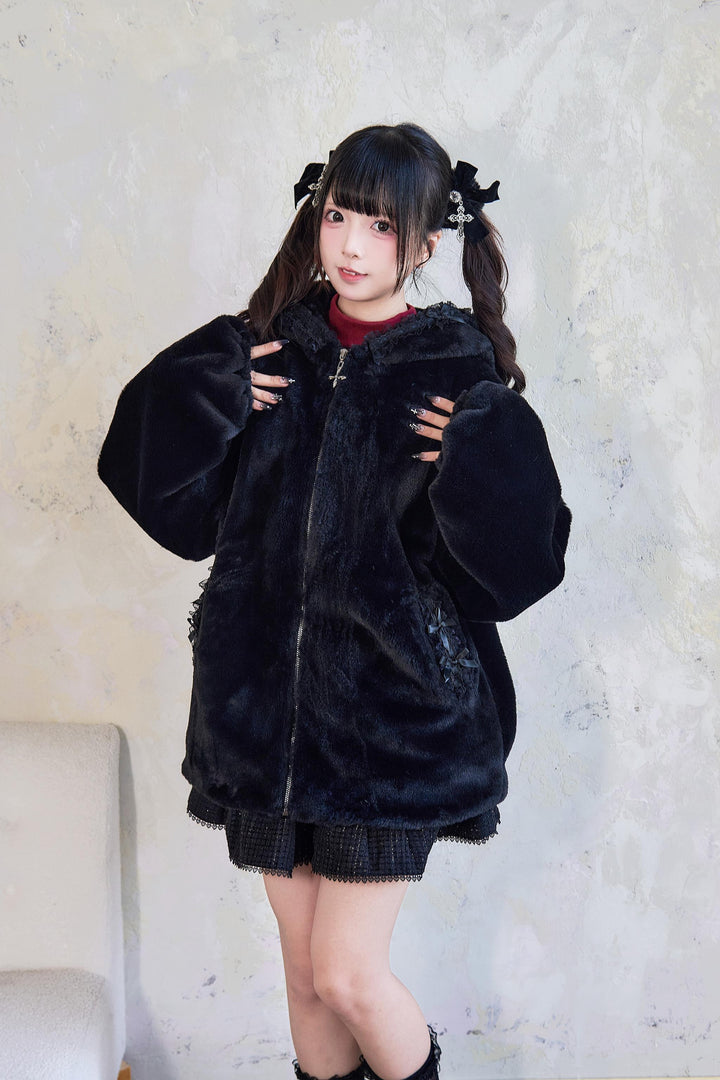 Jirai Kei Winter Coat Fleece Cat Ear Hooded Lace Bows Coat 41408:698086