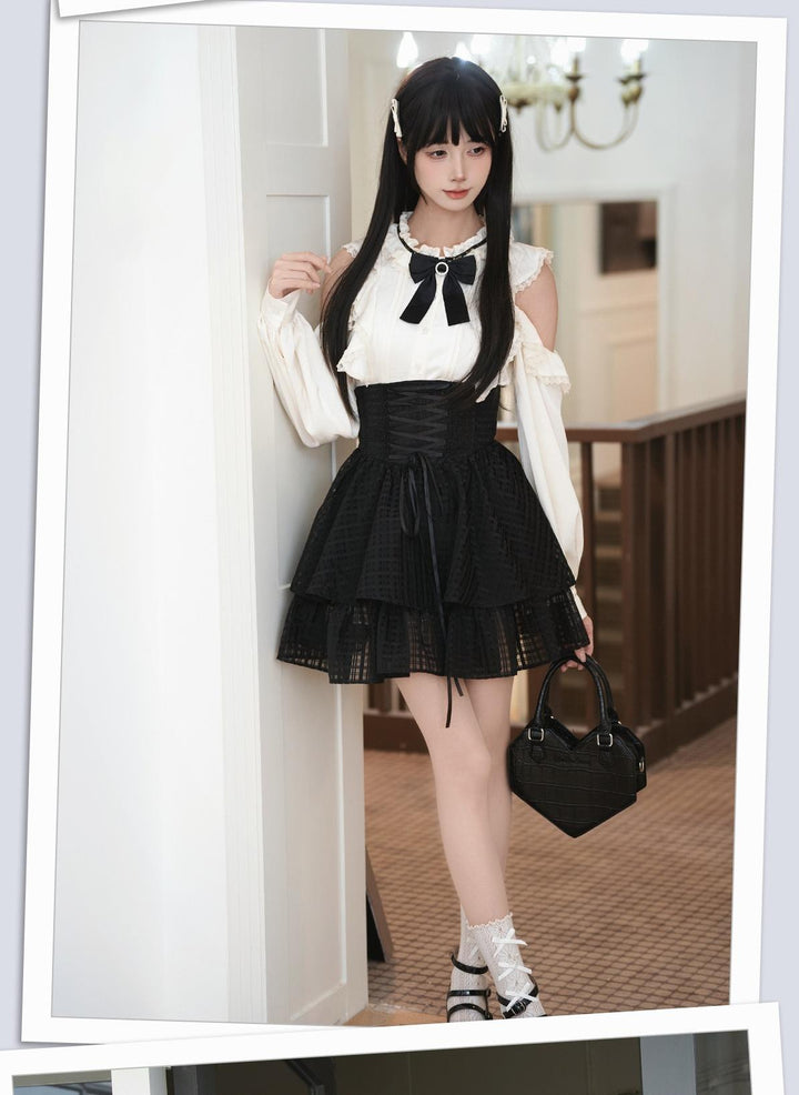 Open-Shoulder Blouse, High-Waisted Plaid Skirt 44297:804756