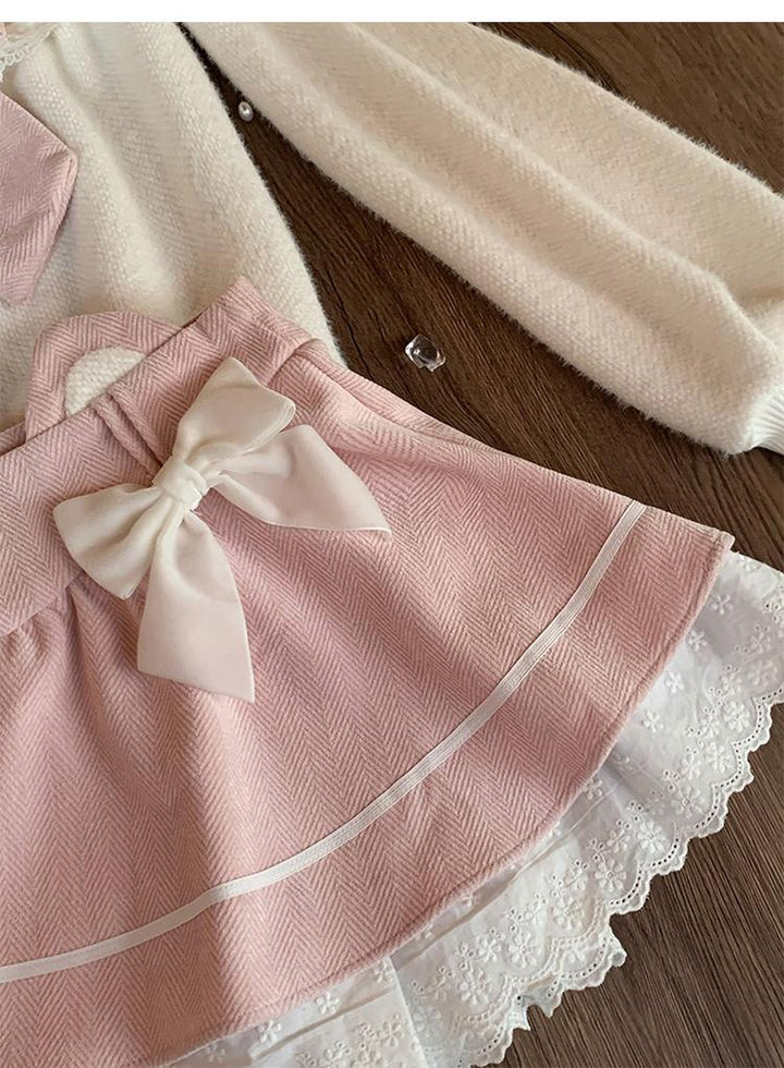 Kawaii Sweater White Off-Shoulder Top Pink Skirt Set 40900:698136